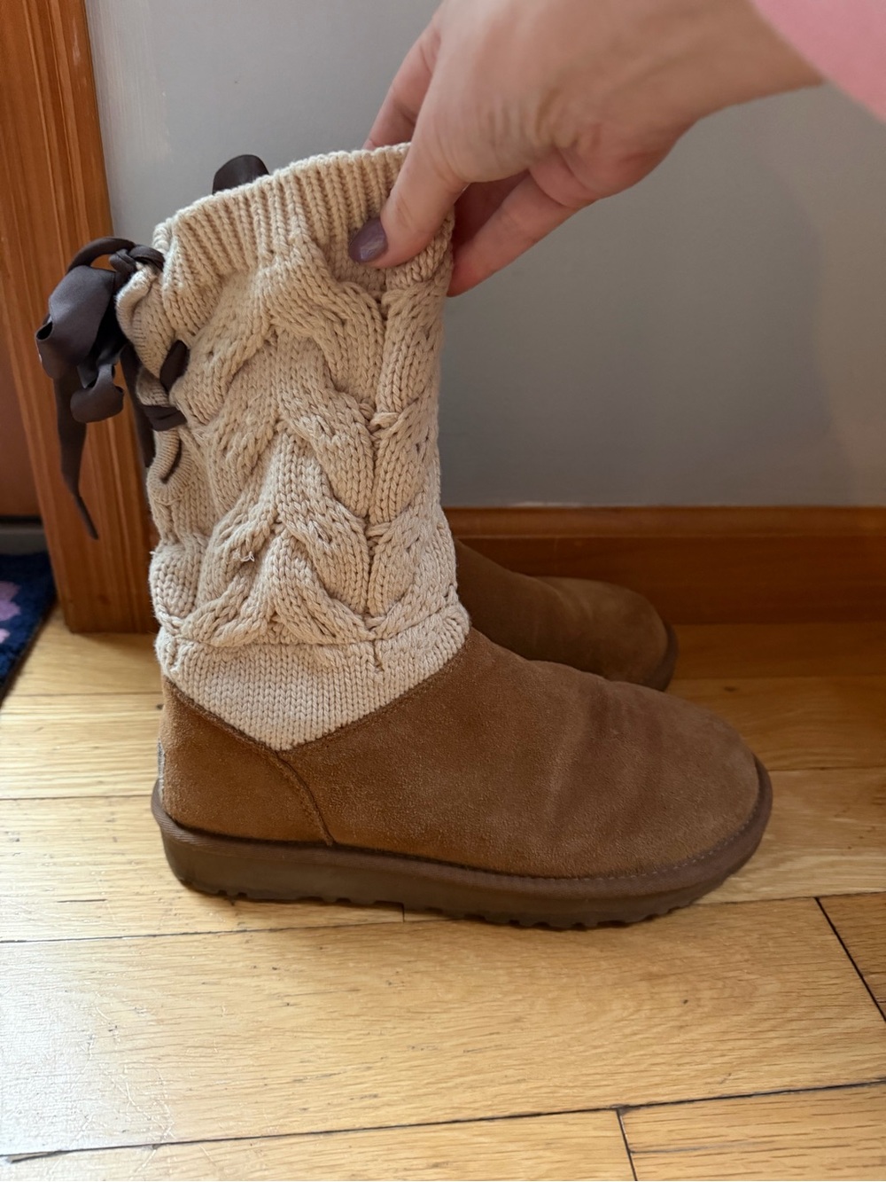 UGG Chestnut Suede & Cream Knit Cable Mid-Calf Boots